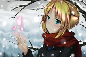 blonde, Hair, Blue, Eyes, Fate, Stay, Night, Petals, Saber, Scarf, Short, Hair, Snow, St520pm, Tree, Winter