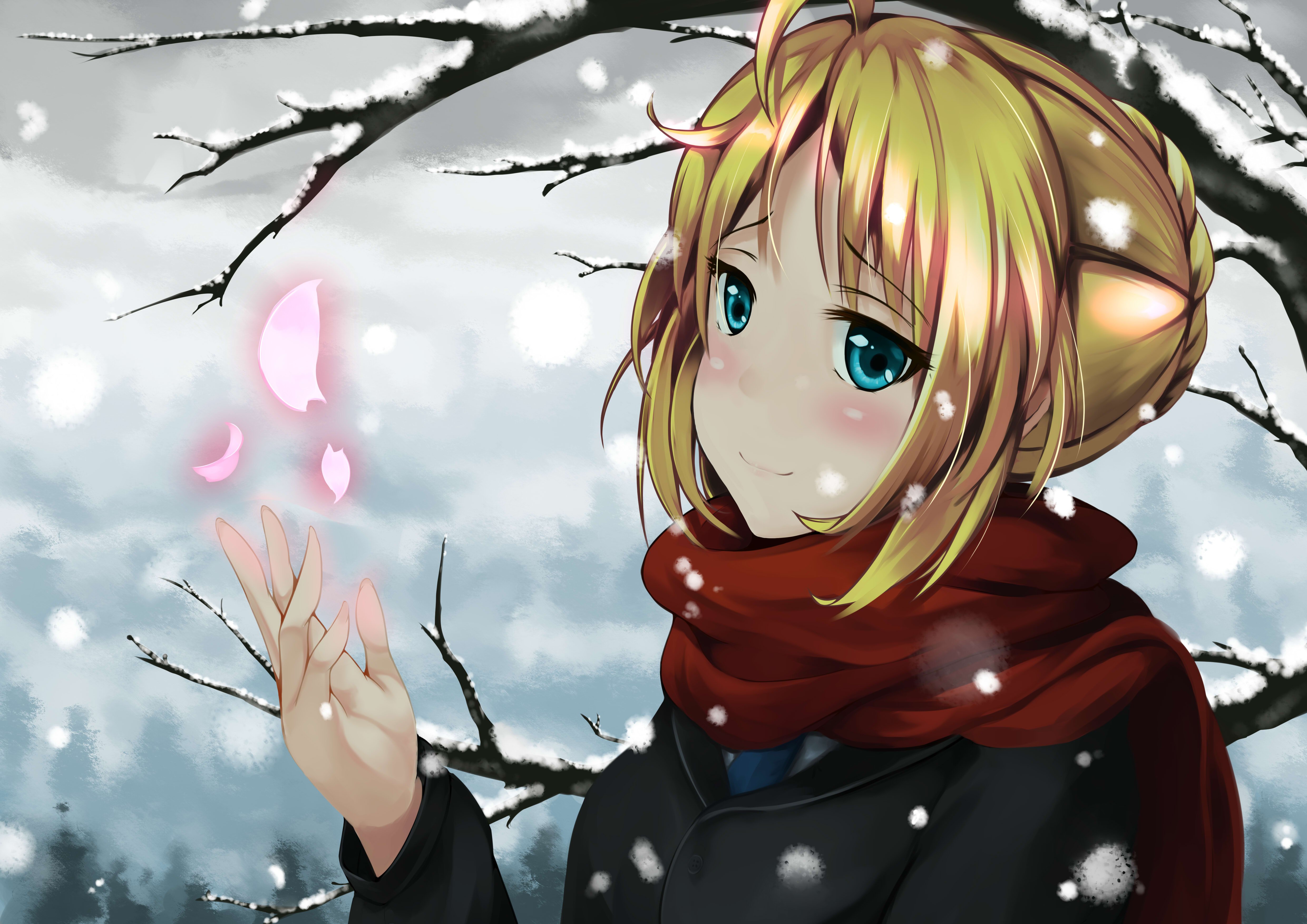 blonde, Hair, Blue, Eyes, Fate, Stay, Night, Petals, Saber, Scarf, Short, Hair, Snow, St520pm, Tree, Winter Wallpaper