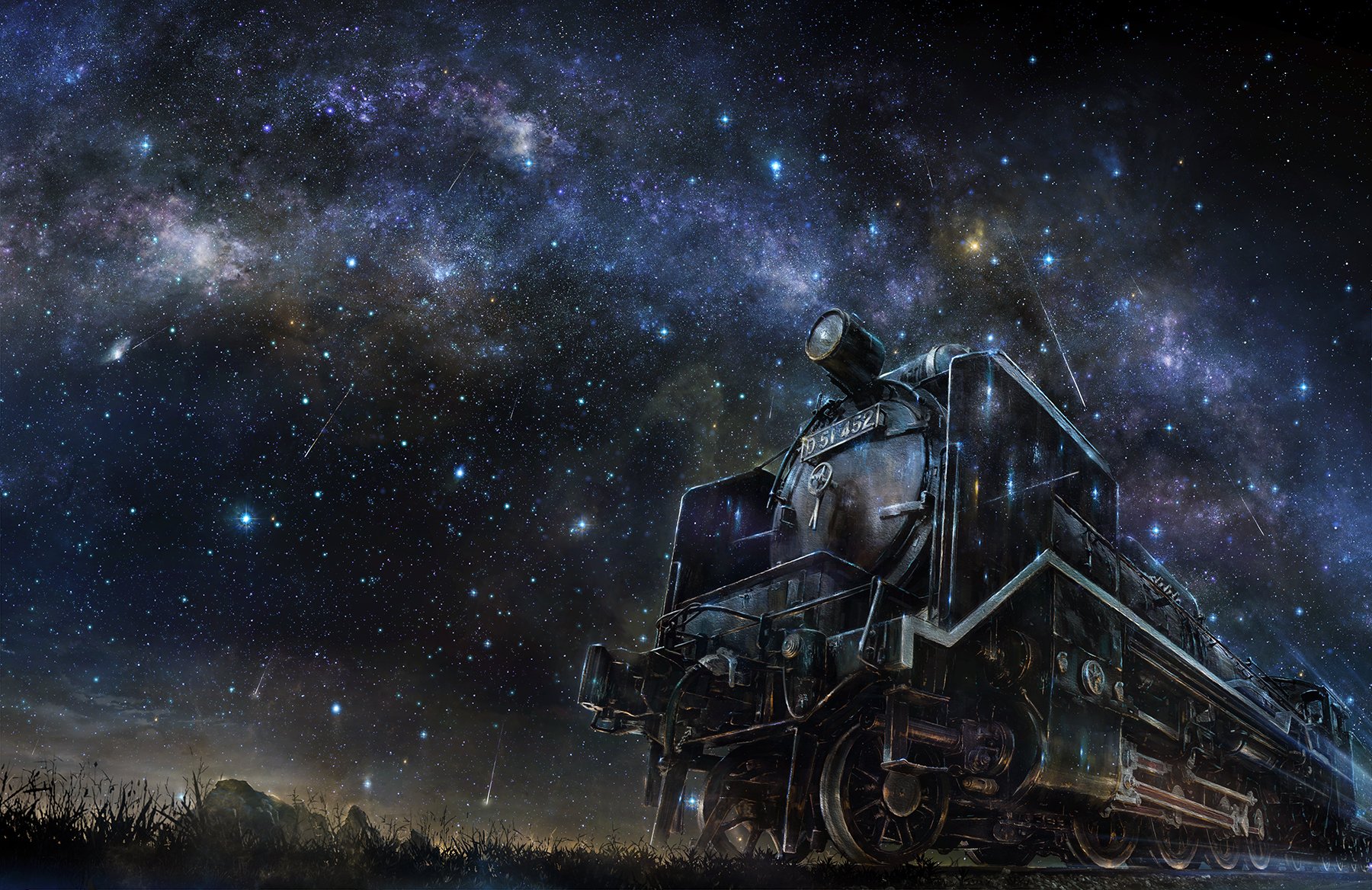 grass, Iy, Tujiki, Night, Nobody, Original, Scenic, Sky, Stars, Train Wallpaper