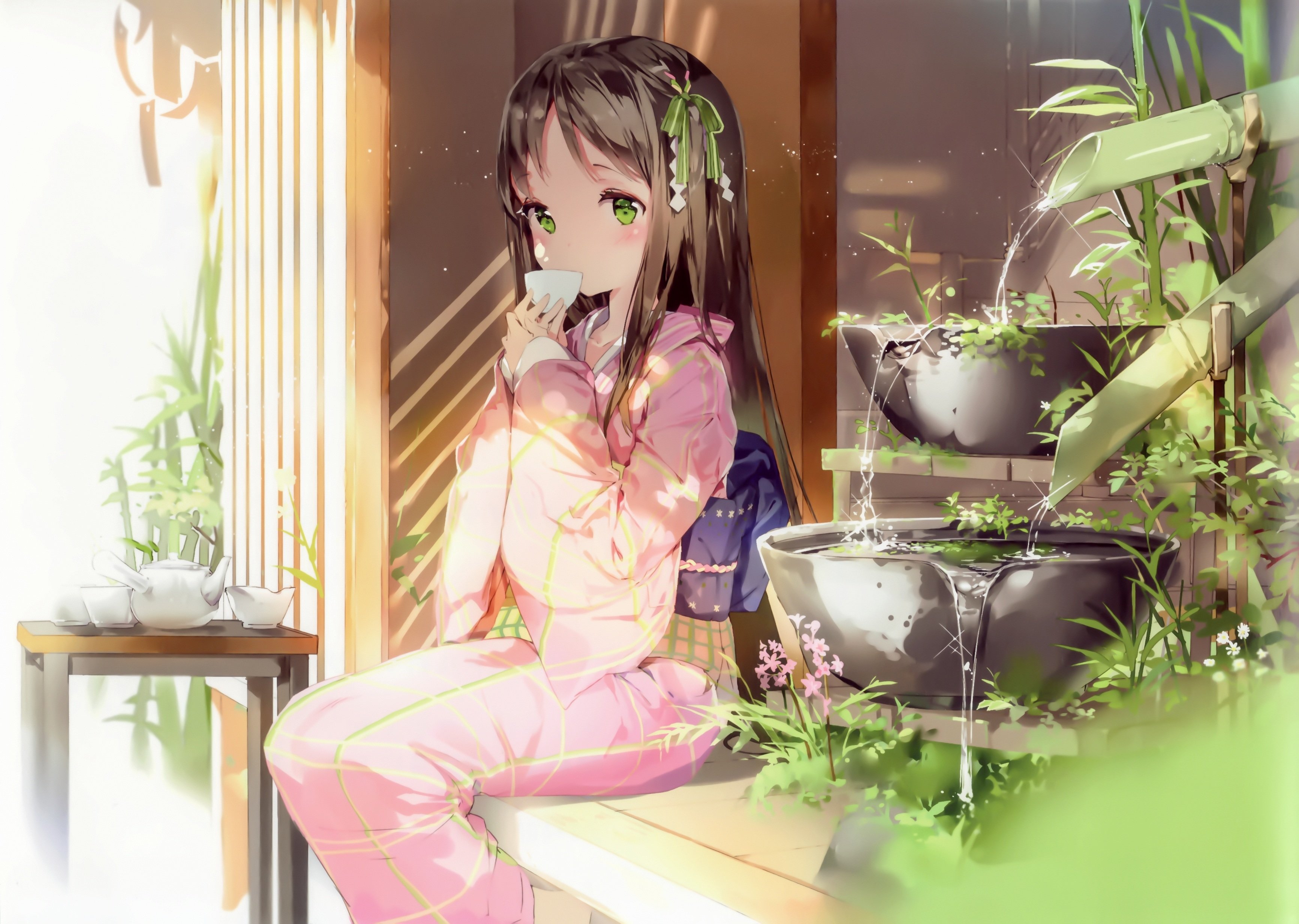 anmi, Anthropomorphism, Blush, Brown, Hair, Drink, Green, Eyes