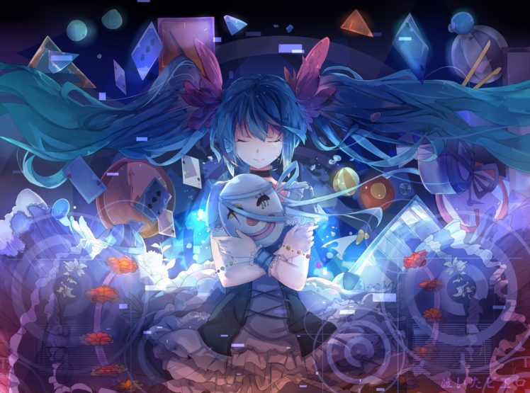 blue, Hair, Hatsune, Miku, Karakuri, Pierrot,  vocaloid , Long, Hair, Mask, Meido, Hitsuji, Tears, Twintails, Vocaloid HD Wallpaper Desktop Background