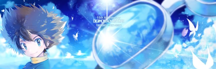 butterfly, Clouds, Digimon, Dualscreen, Goggles, Male, Nijuu,  miyukiyo , Sky, Yagami, Taichi HD Wallpaper Desktop Background