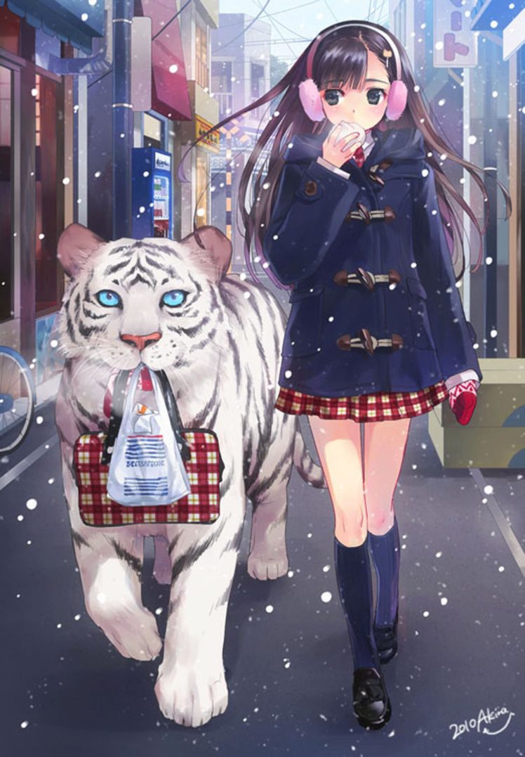 Premium AI Image | Anime girl sitting on a rock with a white tiger in the  background generative ai