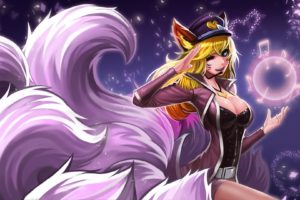 ahri,  league, Of, Legends , Animal, Ears, Blonde, Hair, Breasts, Cleavage, Foxgirl, Goomrrat, League, Of, Legends, Long, Hair, Multiple, Tails, Necklace, Tail
