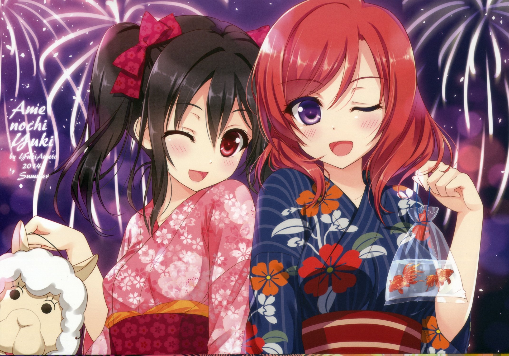 ameto, Yuki, Love, Live , Nishikino, Maki, Yazawa, Niko, Yukata, Fireworks Wallpaper