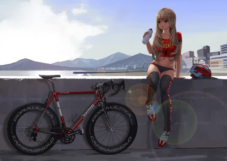bicycle, Hitomi, Kazuya, Long, Hair, Thighhighs HD Wallpaper Desktop Background