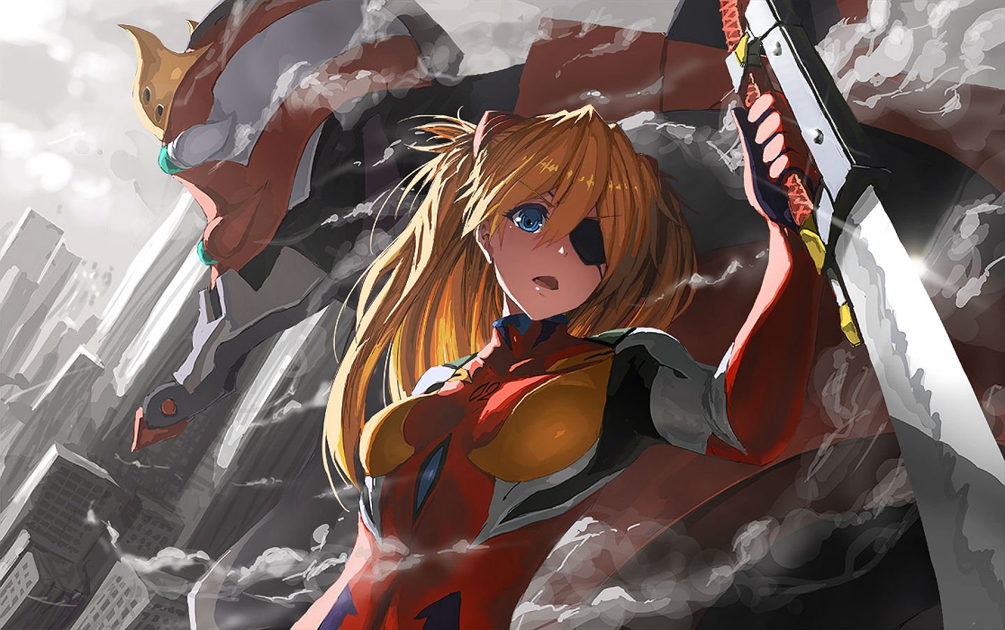 blue, Eyes, Bodysuit, Building, City, Eva , 02eyepatch, Geeto, Gaadian, Long, Hair, Mecha, Orange, Hair, Skintight, Soryu, Asuka, Langley, Sword, Weapon Wallpaper