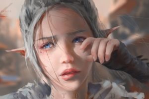 blue, Eyes, Close, Crying, Ghostblade, Gloves, Gray, Hair, Original, Pointed, Ears, Realistic, Tears, Watermark, Wlop