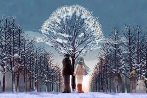 snow, Sky, Ice, Tree, Couple, Anime, Love, Forest