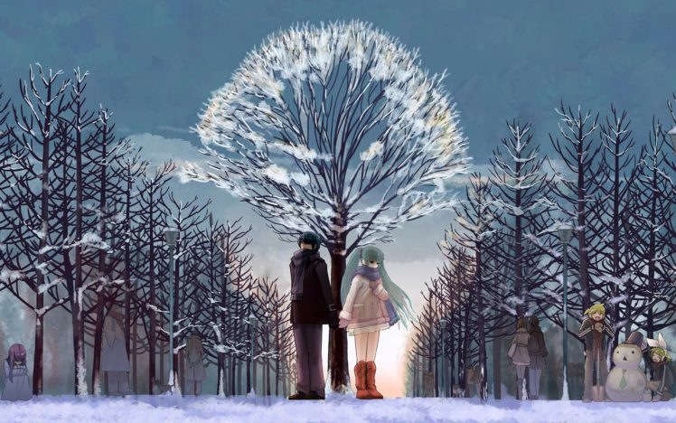 snow, Sky, Ice, Tree, Couple, Anime, Love, Forest HD Wallpaper Desktop Background