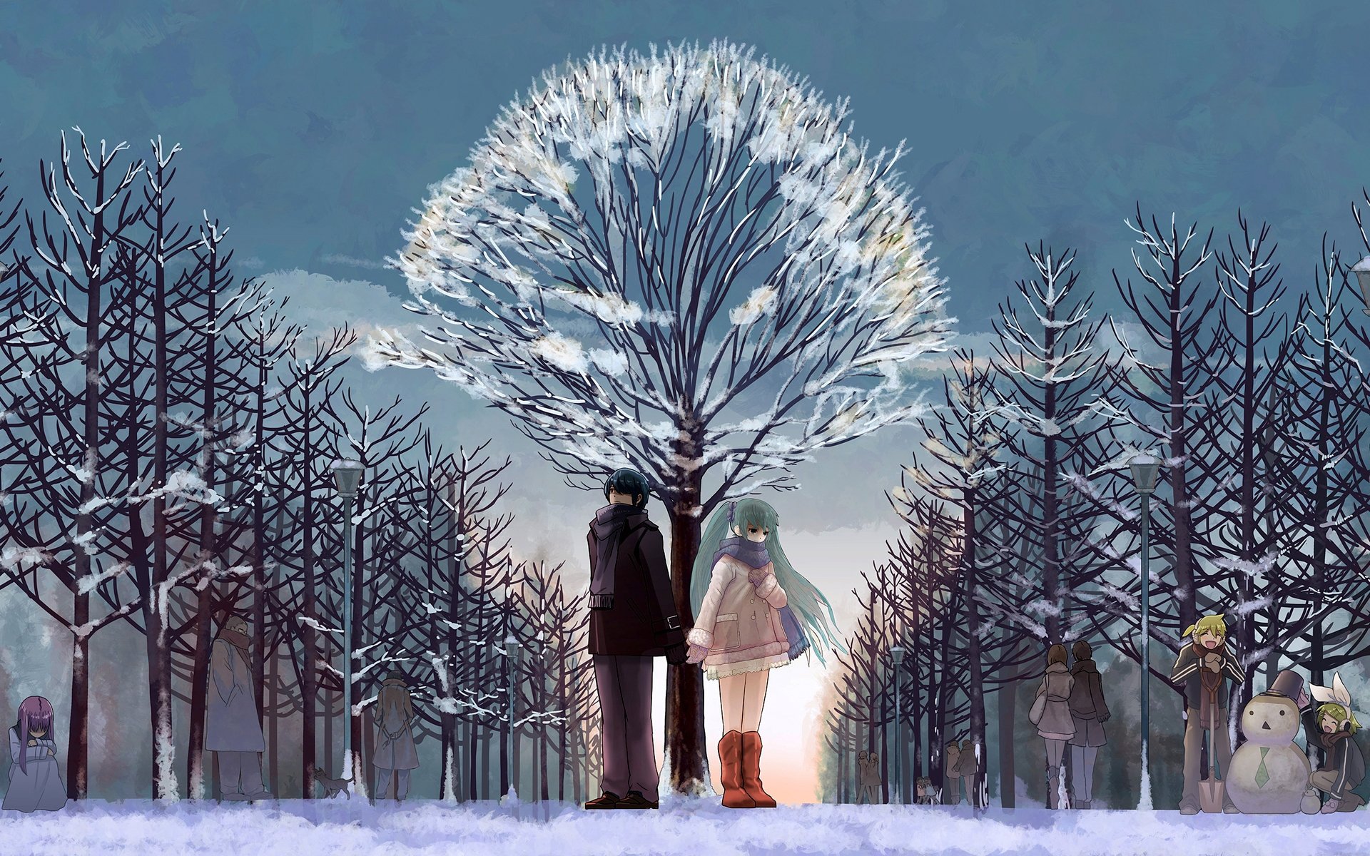 snow, Sky, Ice, Tree, Couple, Anime, Love, Forest Wallpapers HD
