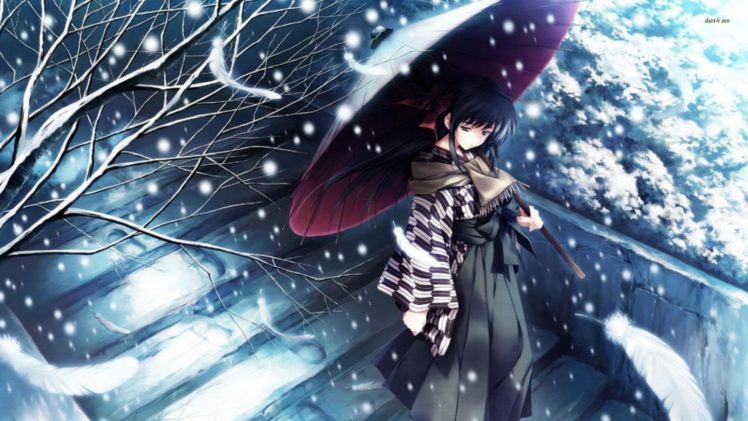 Snow Tree Kimono Girl Alone Sad Anime Blue Wallpapers Hd