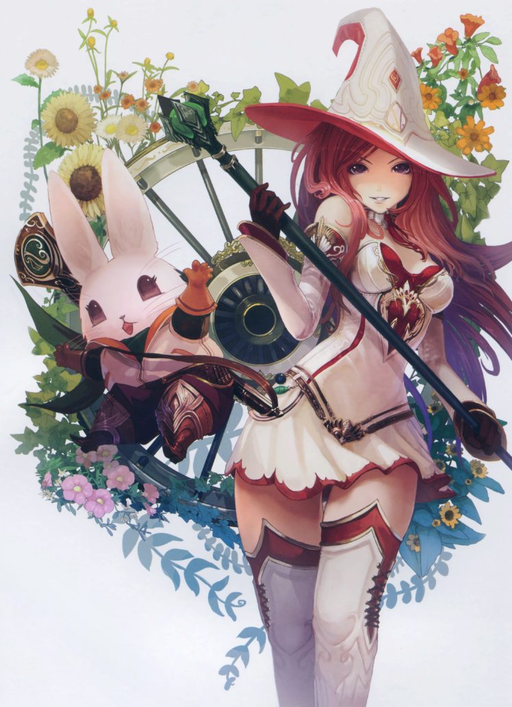 witch, Hair, Red, Flower, Bunny, Dress, Scan, Girl HD Wallpaper Desktop Background