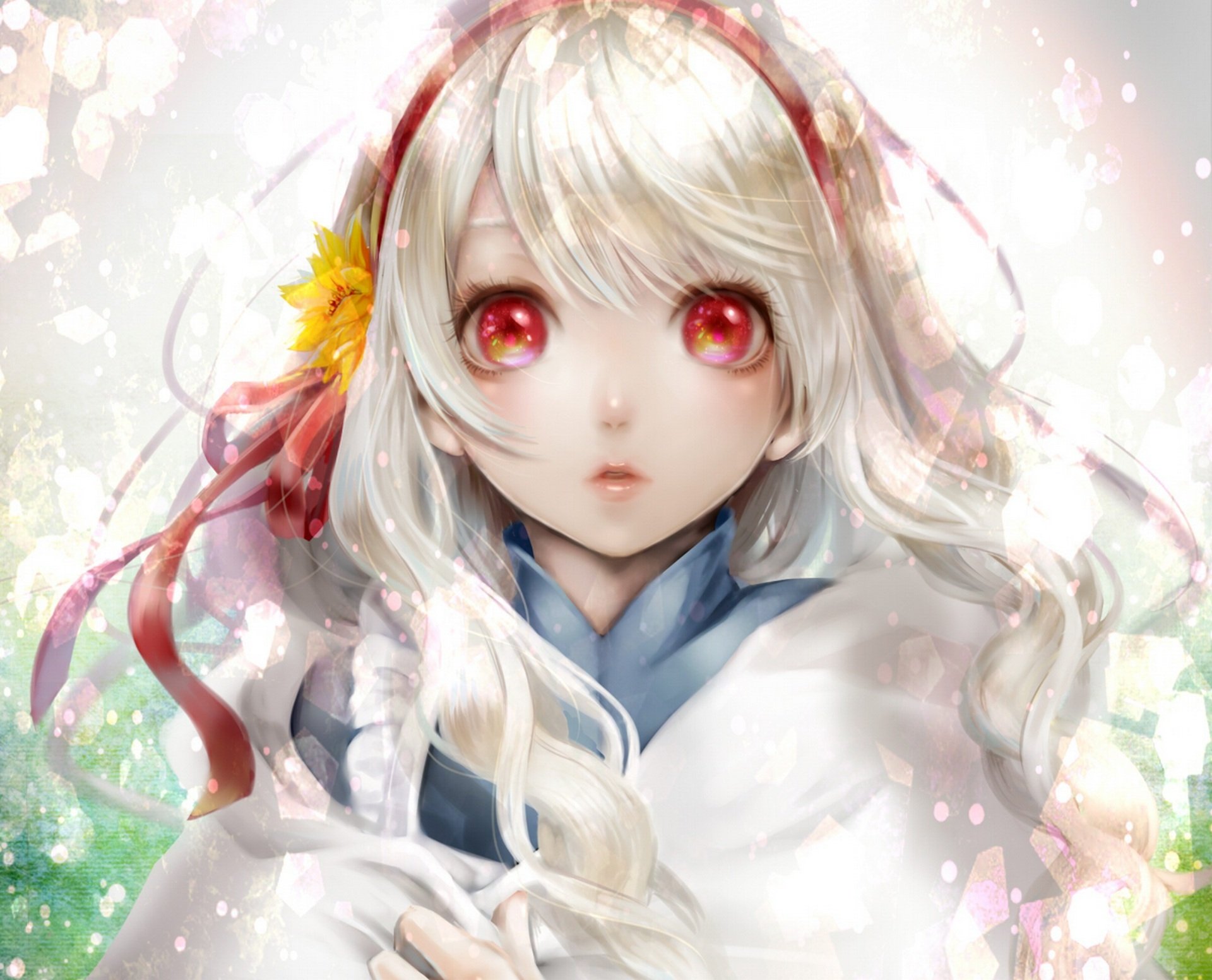 anime,  , Original, Yellow, Flower, Girl, White, Hair Wallpaper