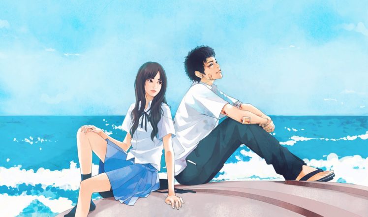 Sea Blue Couple Love Anime Girl Boy School Uniforms Long