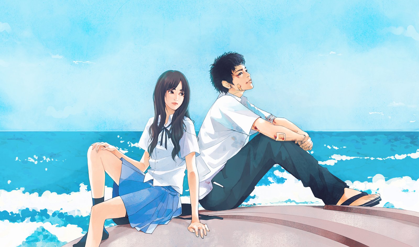 sea, Blue, Couple, Love, Anime, Girl, Boy, School, Uniforms, Long, Hair Wallpaper
