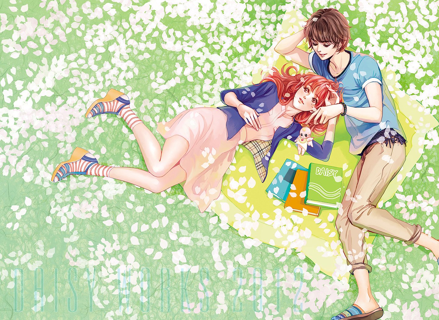 flower, Garden, Couple, Red, Hair, Petals, Girl, Boy, Daisy, Books Wallpaper