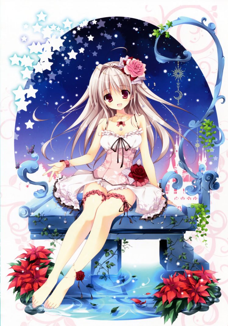 anime, Girl, Red, Flowers, Stars, Rose, Pink, Dress, Blue, Sky HD Wallpaper Desktop Background