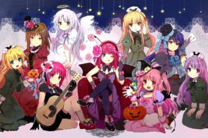 angel, Beats, Anime, Series, Character, Group, Girls, Flower, Pink, Rose, Guitar, Witch, Kawaii, Cute