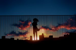 fence, Art, Sunset, Silhouette, Home, Clouds, Girl, Anime, Sun, Sky
