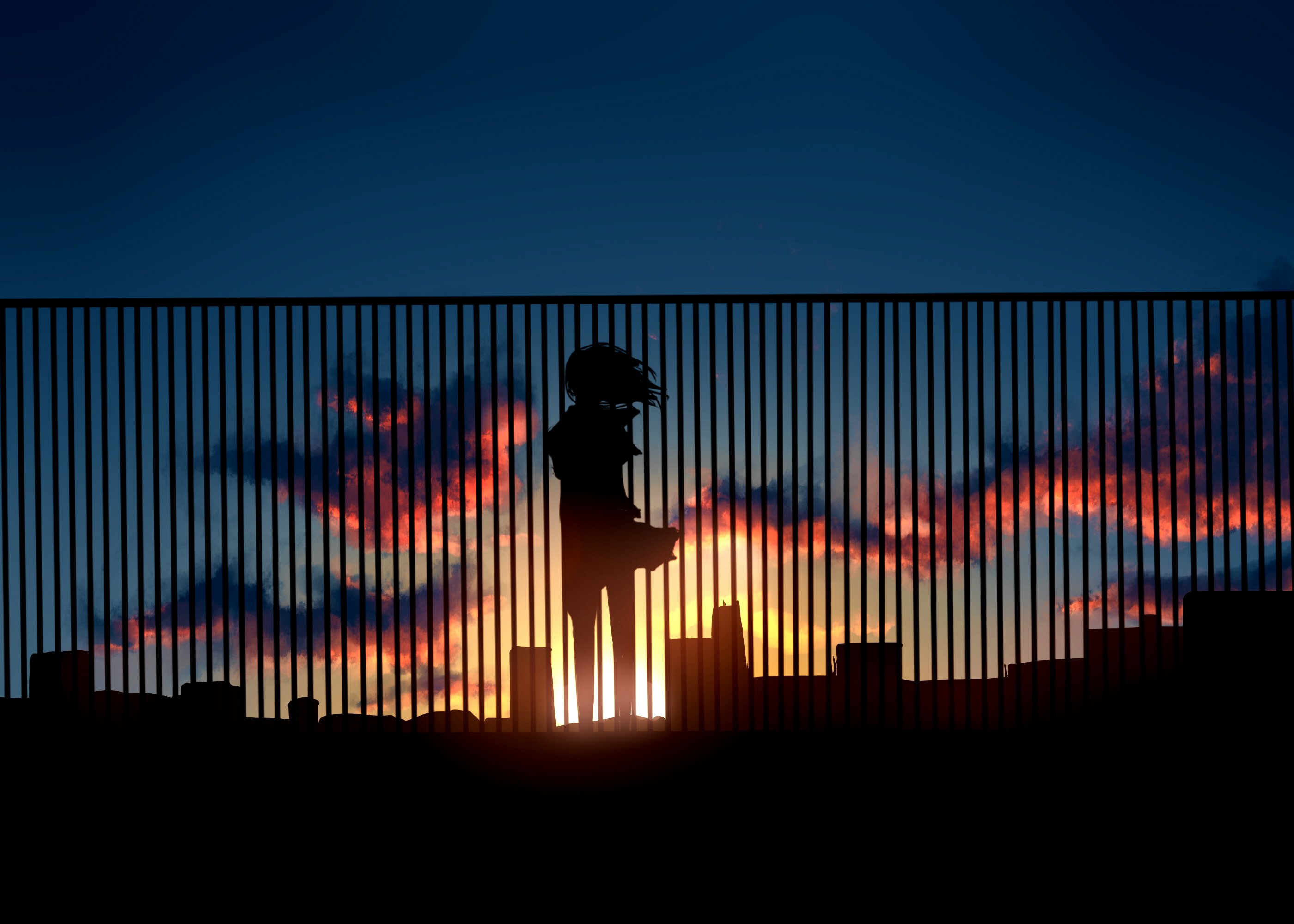 fence, Art, Sunset, Silhouette, Home, Clouds, Girl, Anime, Sun, Sky Wallpaper