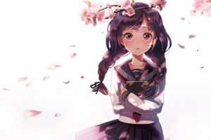 anime, Branch, Petals, Art, Girl, Pigtails, Form, Sakura, Schoolgirl, Book, Flowers