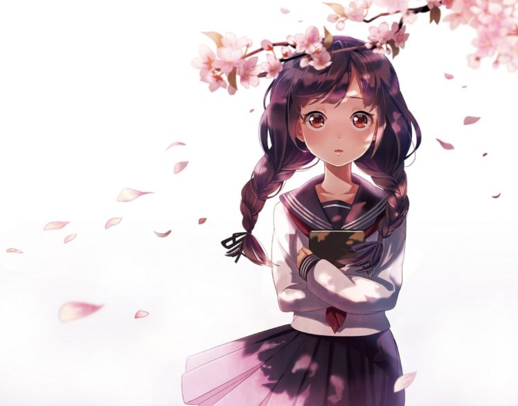 anime, Branch, Petals, Art, Girl, Pigtails, Form, Sakura, Schoolgirl, Book, Flowers HD Wallpaper Desktop Background