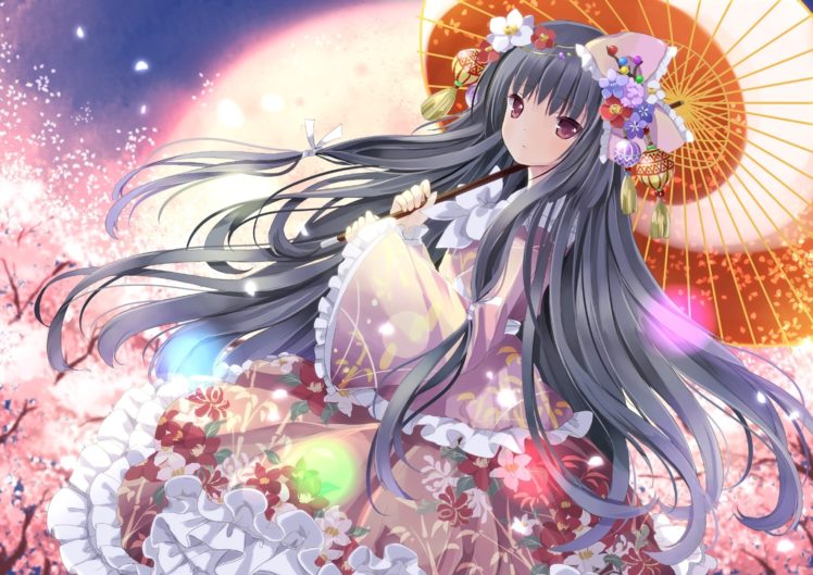 touhou, Houraisan, Kaguya, Art, Wataame27, Girl, Umbrella, Cherry, Petals, Dress HD Wallpaper Desktop Background