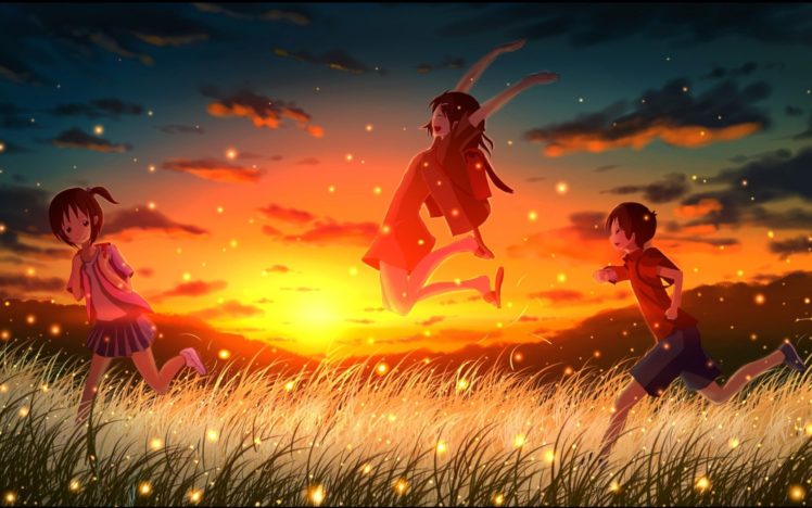 art, Children, Sunset, Sky, Boy, Girls, Clouds, Grass, Fireflies, Mountains, Nature HD Wallpaper Desktop Background