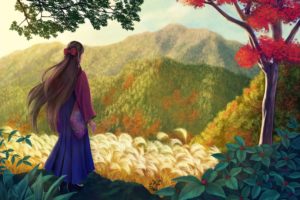nature, Girl, Red, Tree, Flower, Alone, Girl, Kimono, Mountain, Painting