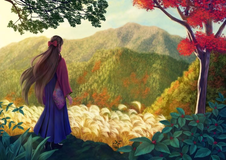 nature, Girl, Red, Tree, Flower, Alone, Girl, Kimono, Mountain, Painting HD Wallpaper Desktop Background