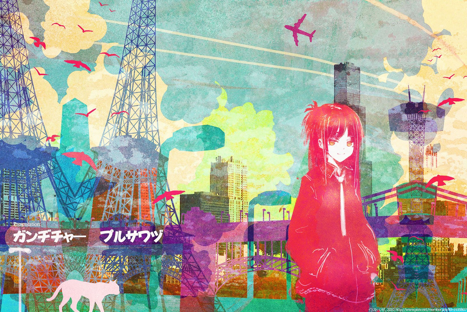 beautiful, Day, Color, Pink, Girl, Anime, City, Cat, Birds, Animal Wallpaper