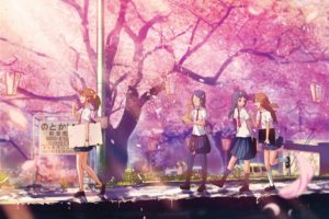 noto, Kashima, Pink, Light, Petals, Sakura, Tree, Group, Friends, Girls, School, Uniform, Anime