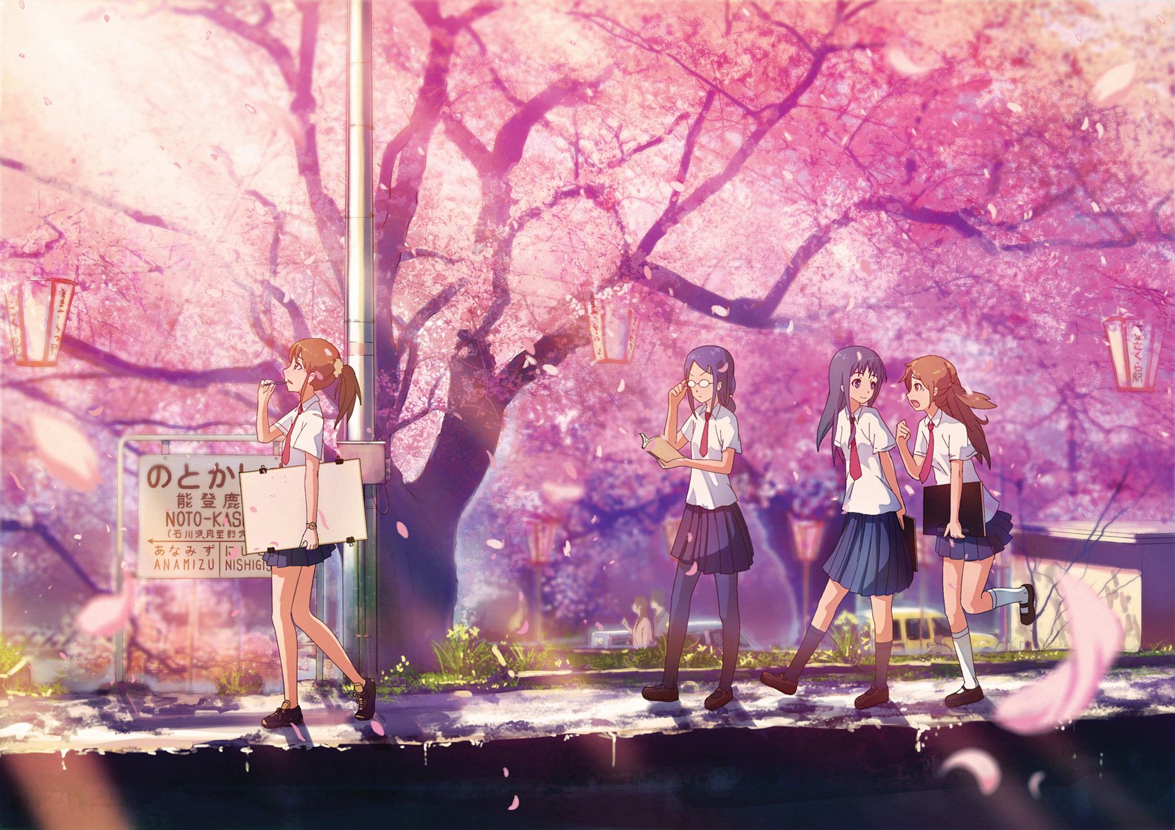 noto, Kashima, Pink, Light, Petals, Sakura, Tree, Group, Friends, Girls, School, Uniform, Anime Wallpaper