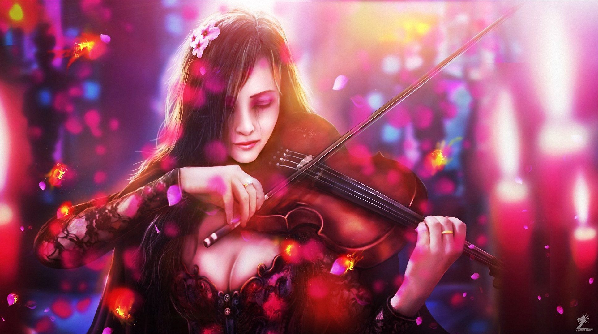 art, Fish, Flowers, Sorrow, Girl, Violin Wallpaper