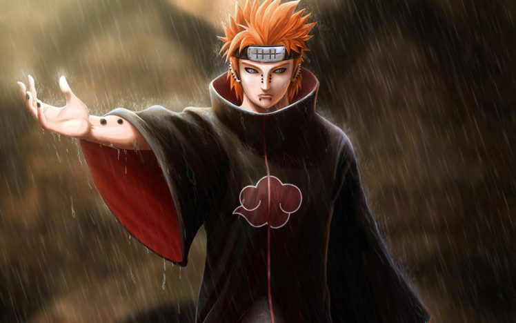 art, Naruto, Pain, Guy, Piercing, Hand, Bandana, Red, Rain HD Wallpaper Desktop Background