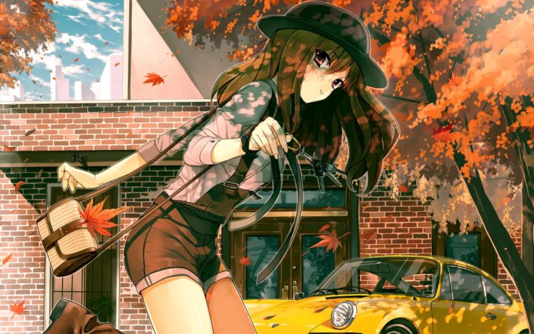 autumn, Girl, Anime, Yellow, Car, Tree, Sunlight HD Wallpaper Desktop Background