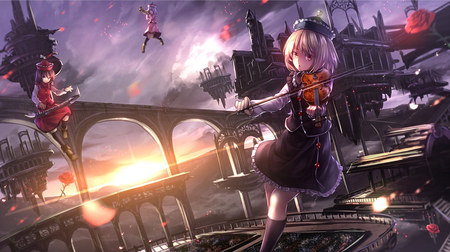 anime, Girls, Violin, Music, Rose, Sunset, Beautiful Wallpaper