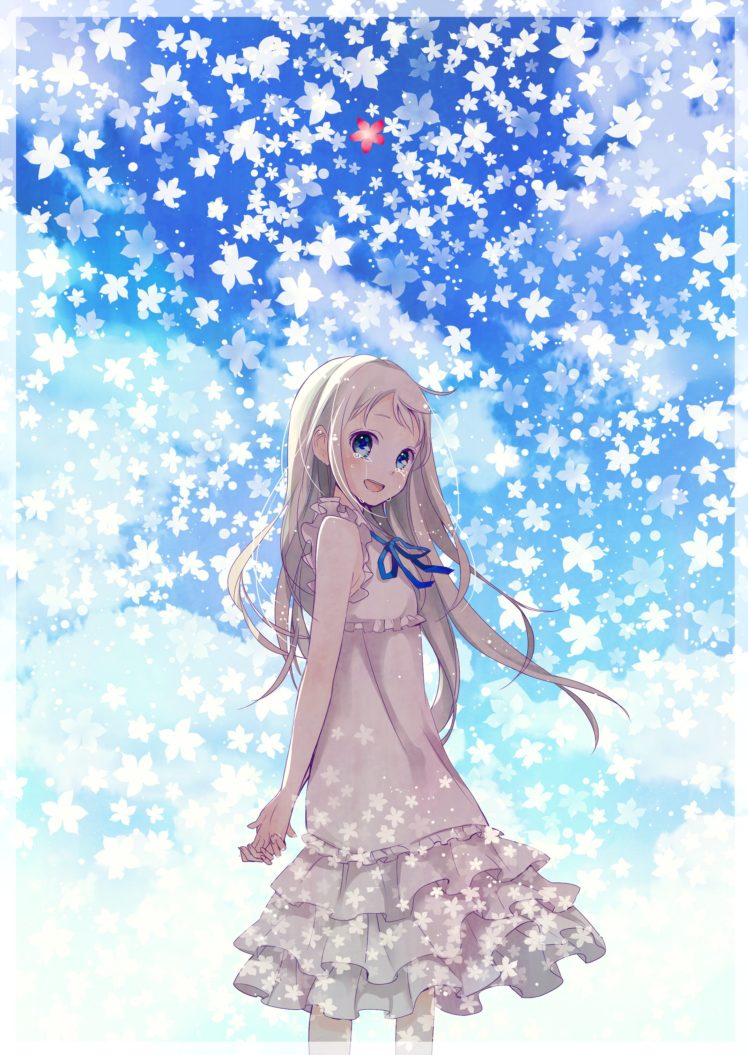 anime, Girl, Cry, Sky, Flower, Dress, Long, Hair, Blue, Eyes HD Wallpaper Desktop Background