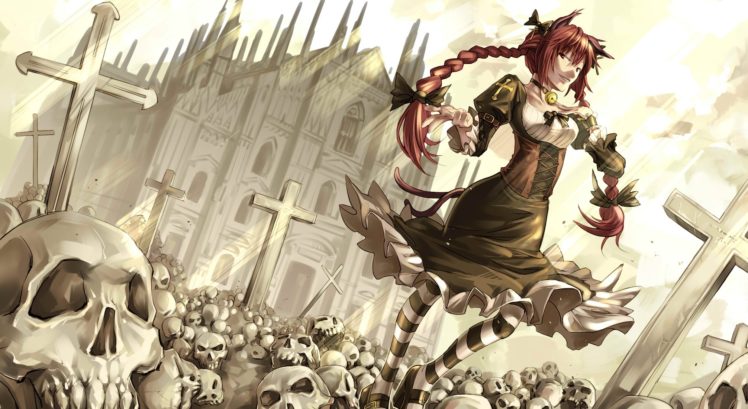 alice, In, Wonderland, Anime, Girl, Dark, Skulls, Cross, Cathedral, Buildings HD Wallpaper Desktop Background