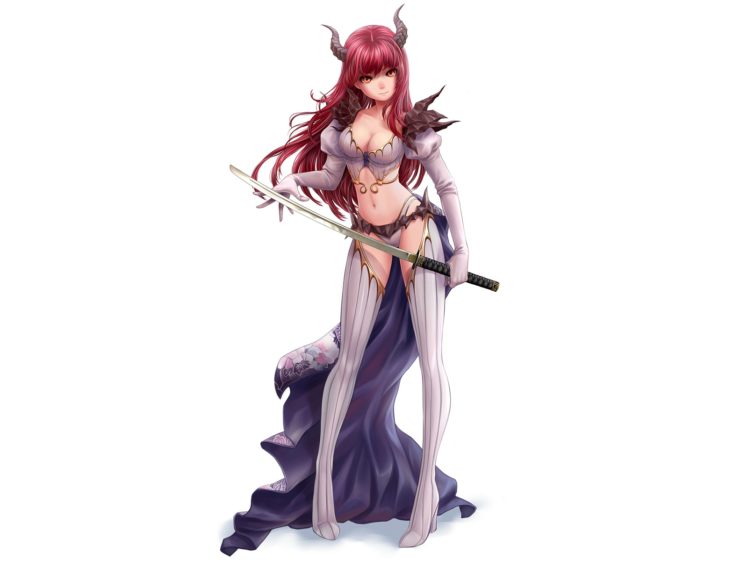 armor, Horns, Katana, Kotikomori, Original, Red, Hair, Sword, Weapon HD Wallpaper Desktop Background