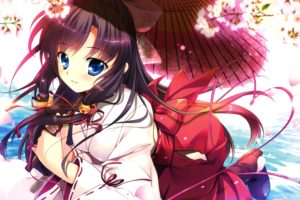 blue, Eyes, Cherry, Blossoms, Japanese, Clothes, Long, Hair, Mikeou, Miko, Original, Petals, Scan, Water