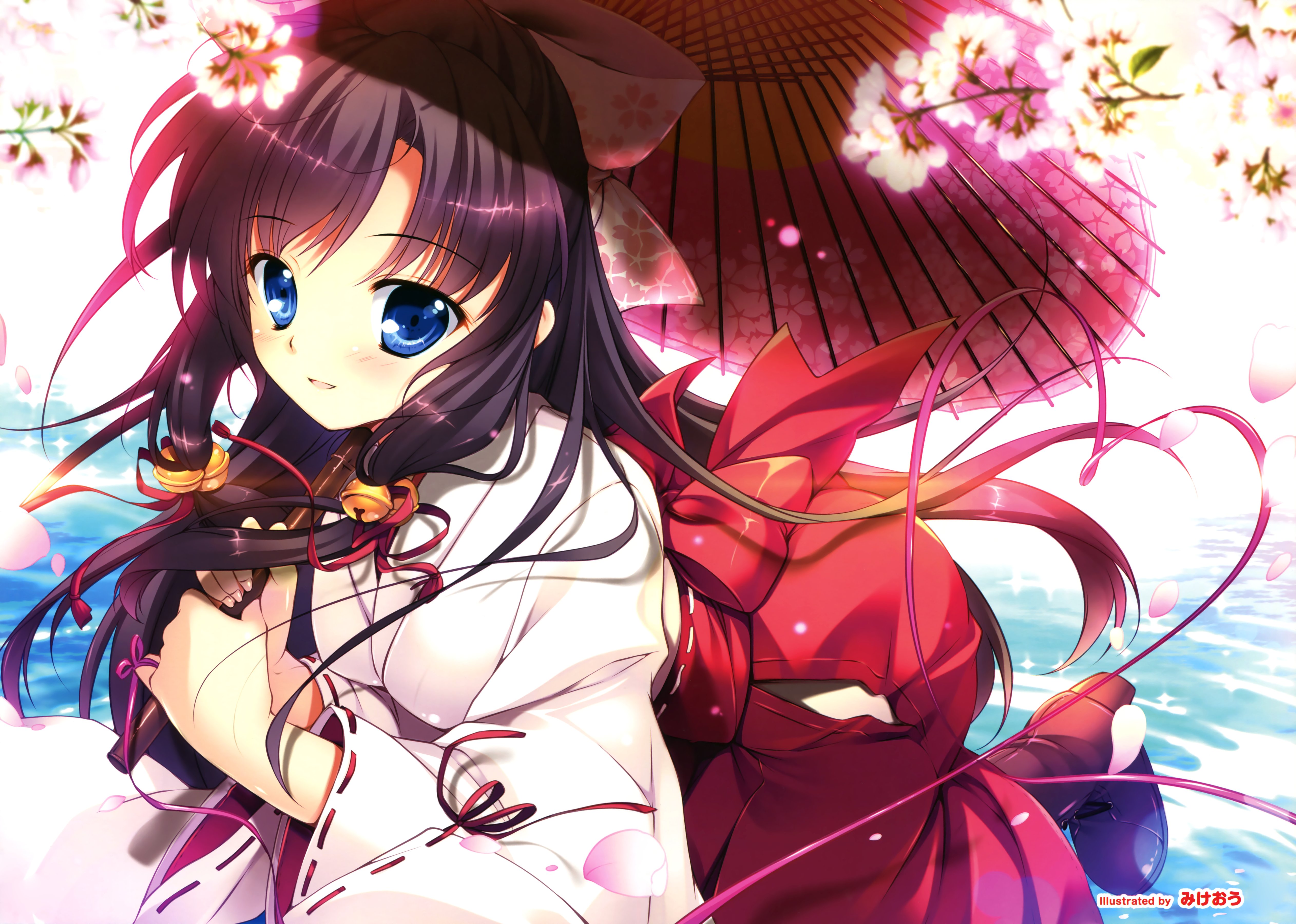 blue, Eyes, Cherry, Blossoms, Japanese, Clothes, Long, Hair, Mikeou, Miko, Original, Petals, Scan, Water Wallpaper
