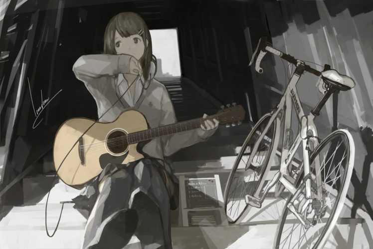 bicycle, Brown, Hair, Guitar, Headphones, Instrument, Loundraw, Original, Seifuku, Signed HD Wallpaper Desktop Background