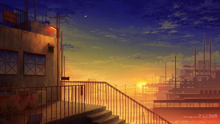 building, City, Clouds, Juuyonkou, Moon, Original, Scenic, Sky, Stairs, Stars, Sunset HD Wallpaper Desktop Background