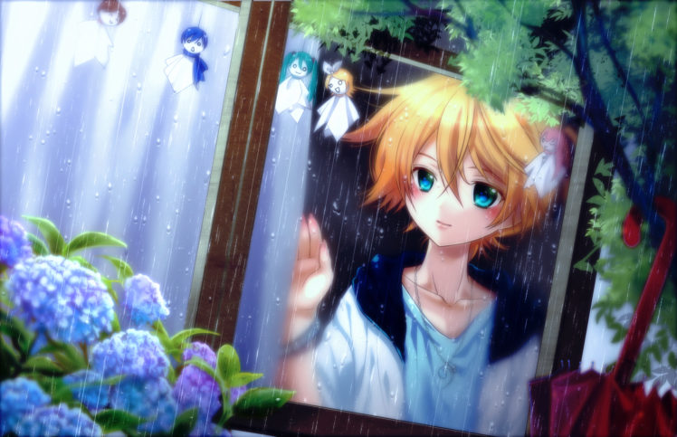 flowers, Hatsune, Miku, Kagamine, Len, Kagamine, Rin, Kaito, Meiko, Necklace, Rain, Shinwa, Teruterubouzu, Umbrella, Vocaloid HD Wallpaper Desktop Background