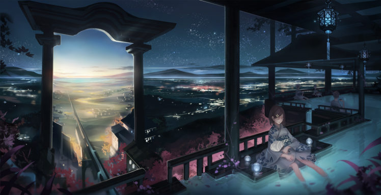 japanese, Clothes, Monono, Night, Original, Scenic, Sky, Sleeping, Torii, Water, Wet HD Wallpaper Desktop Background
