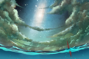 madcocoon, Original, Scenic, Ocean, Sea, Sky, Stars, Clouds, Moon, Anime