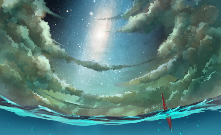 madcocoon, Original, Scenic, Ocean, Sea, Sky, Stars, Clouds, Moon, Anime HD Wallpaper Desktop Background