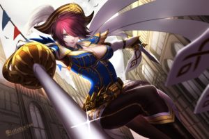 animal, Bird, Blue, Eyes, Breasts, Cape, Cleavage, Fiora, Gloves, Hat, Knife, League, Of, Legends, Liuruoyu8888, Red, Hair, Short, Hair, Signed, Sword, Weapon